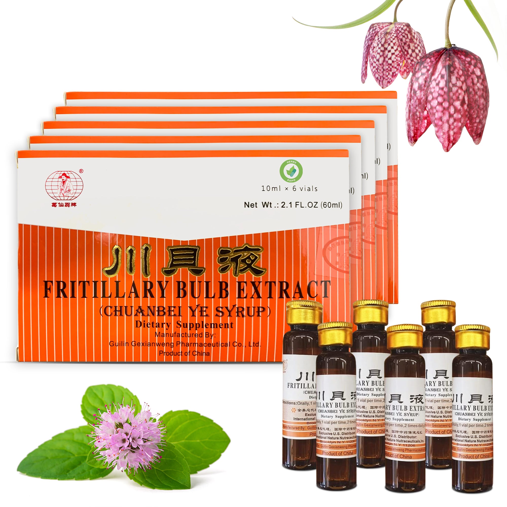 Fritillary Bulb Extract - Sweet, Delicious and Effective Oral Liquid Dietary Supplement Cough Syrup (Chuanbei Ye Syrup) - 6 Bottles (10 ml per)