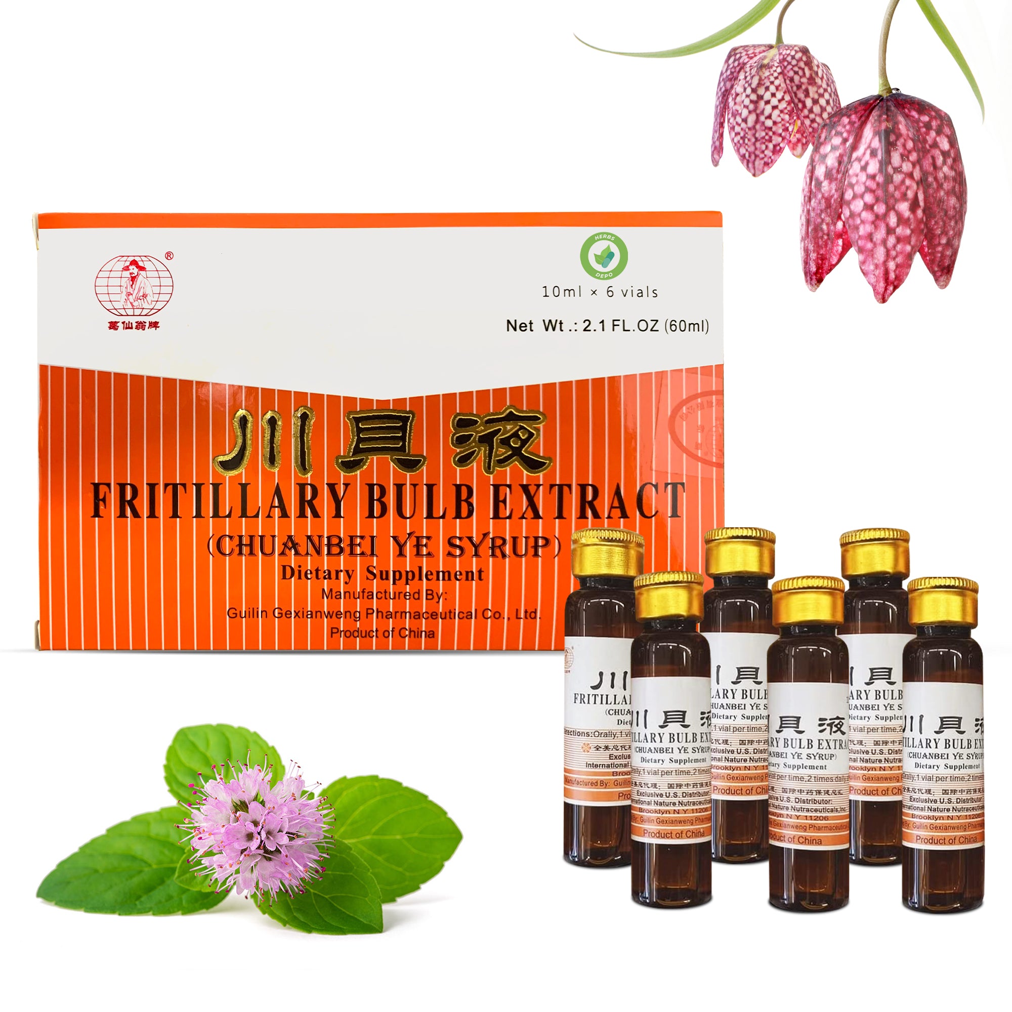Fritillary Bulb Extract - Sweet, Delicious and Effective Oral Liquid Dietary Supplement Cough Syrup (Chuanbei Ye Syrup) - 6 Bottles (10 ml per)
