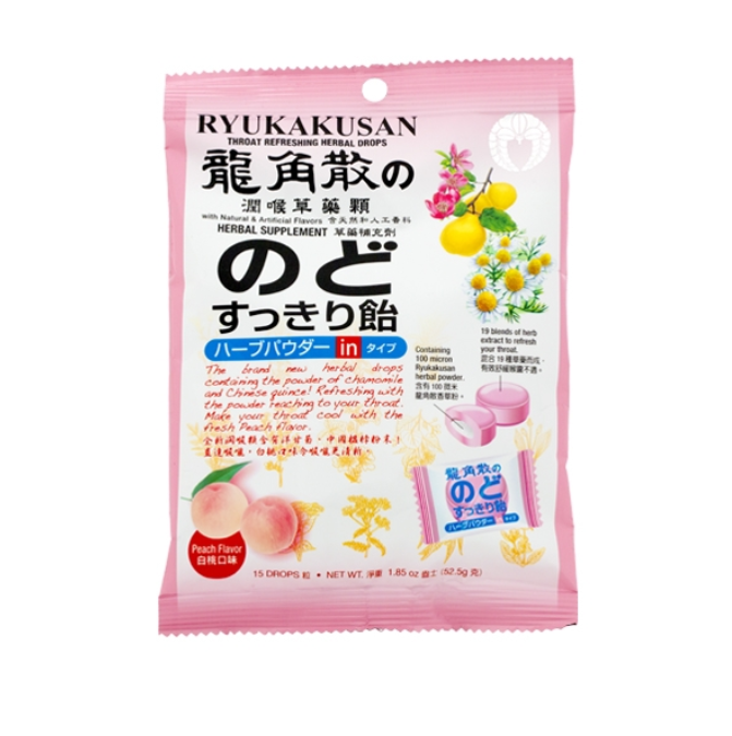 RYUKAKUSAN THROAT REFRESHING HERBAL DROPS - PEACH FLAVOR (BAG) - Herbs Depo